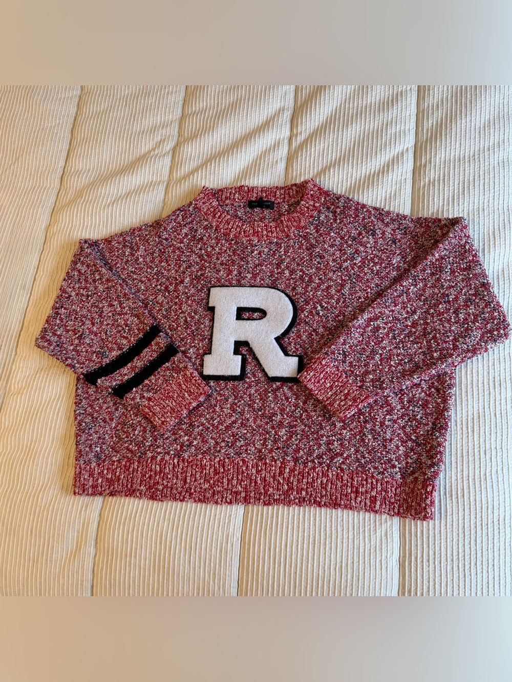 rag & bone red and white marled crewneck sweater with 'R' patch